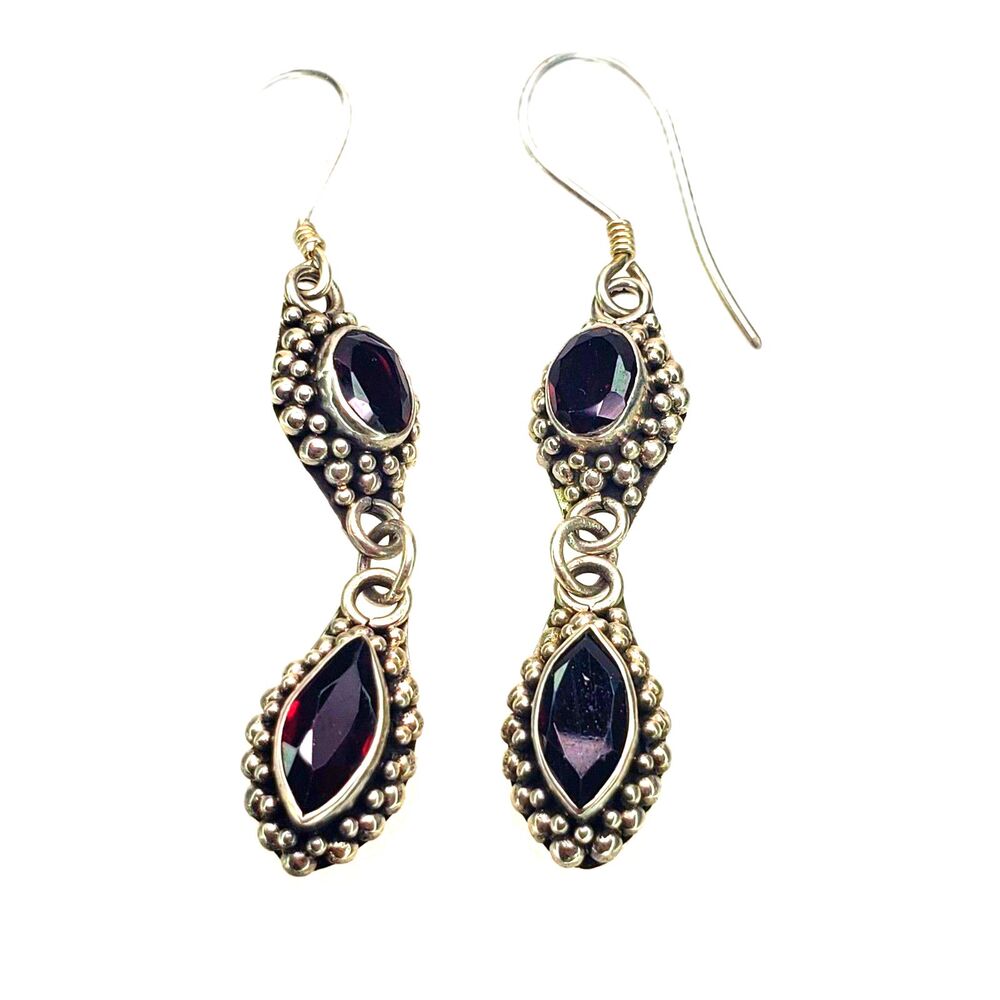 Long Dangling Garnet Earrings 925 Sterling Silver Bali Style Marquis Faceted 6gr